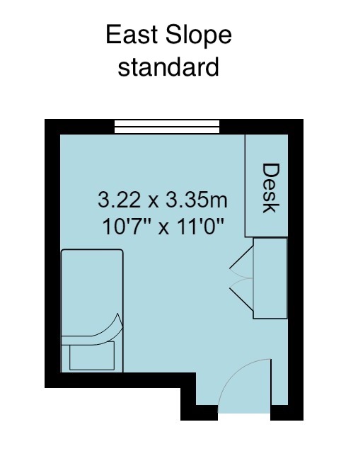 East Slope standard room floorplan, which is 3.22 metres by 3.35 metres (or 10 foot 7 inches by 11 foot)