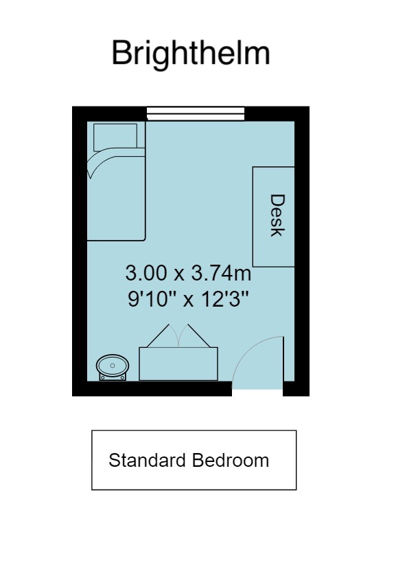 Illustration of Brighthelm accommodation bedroom floorplan. Measurements 3 metres by 3.74 metres, or 9 feet 10 inches by 12 foot 3 inches
