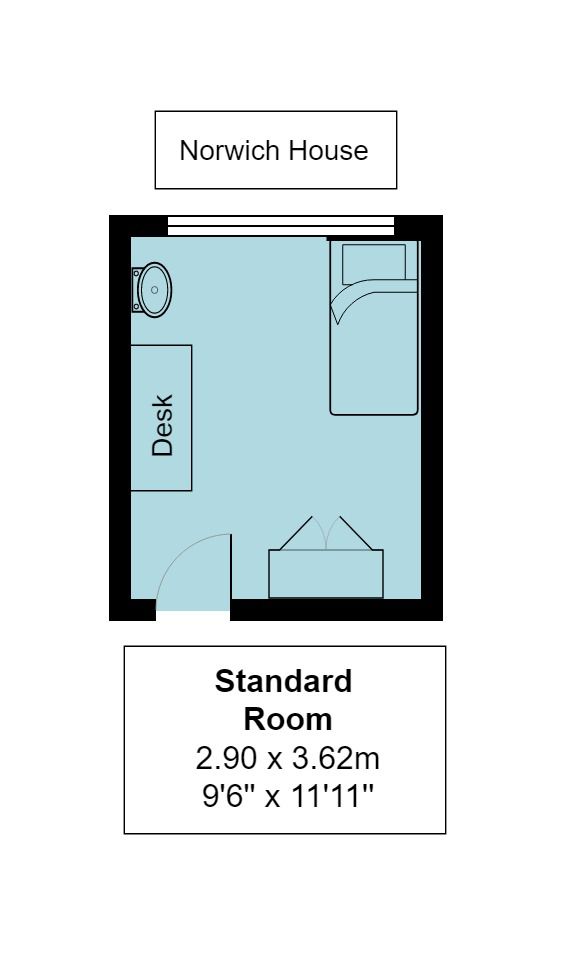 Illustration of Norwich House accommodation bedroom floorplan, measuring 2.9 metres by 3.62 metres or 9 feet 6 inches by 11 feet 11 inches