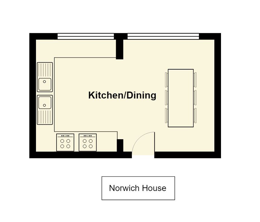 Illustration of Norwich House accommodation kitchen and diner floor plan