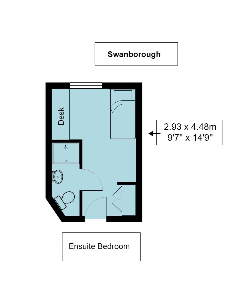 Illustration of Swanborough en-suite bedroom floorplan, which is 2.93 metres by 4.48 metres (or 9 foot 7 inches by 14 foot 9 inches)