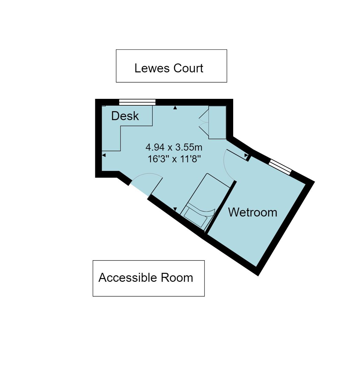 Lewes Court accessible room floorplan, which is 4.94 metres by 3.55 meteres (or 16 foot 3 inches by 11 foot 8 inches)