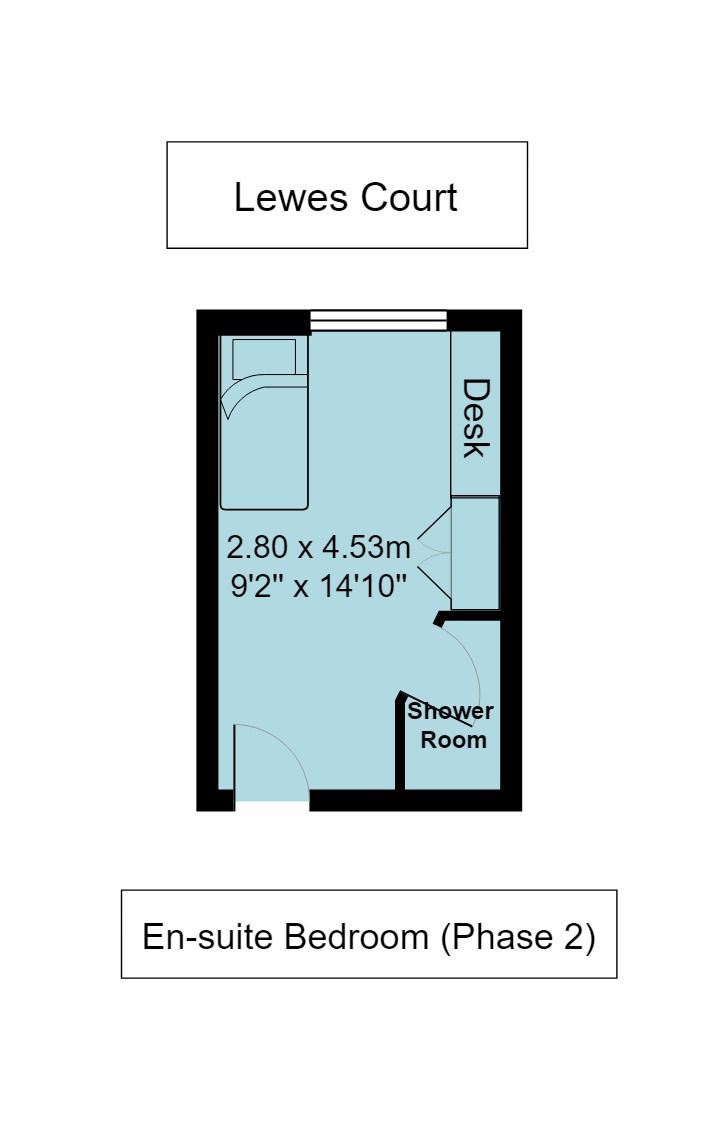 Lewes Court en-suite room floorplan, which is 2.8 metres by 4.53 meteres (or 9 foot 2 inches by 14 foot 10 inches)