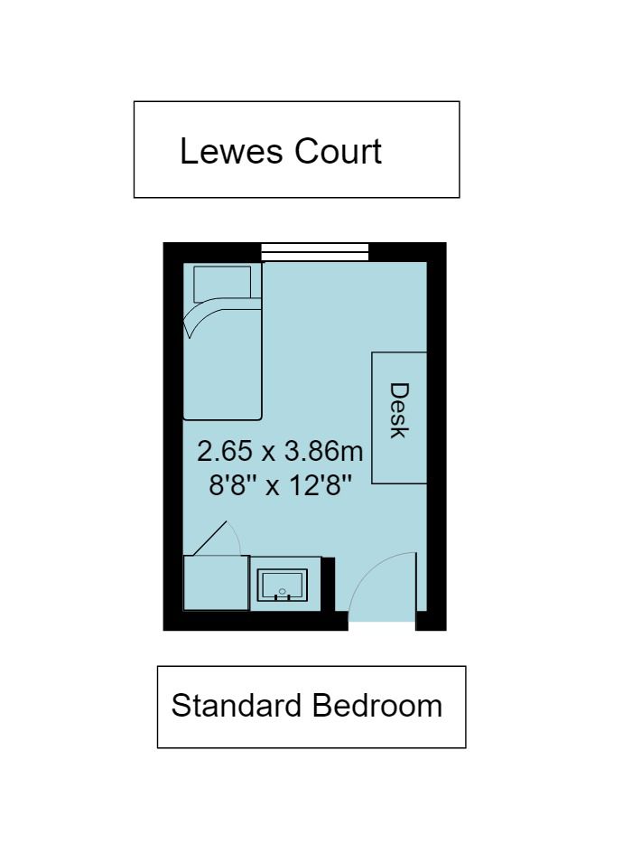 Lewes Court standard room floorplan, which is 2.65 metres by 3.86 meteres (or 8 foot 8 inches by 12 foot 8 inches)