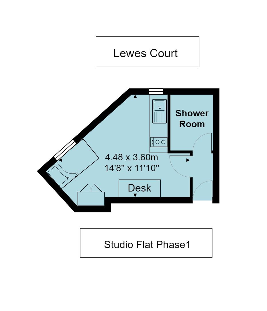 Lewes Court studio room floorplan, which is 4.48 metres by 3.6 meteres (or 14 foot 8 inches by 11 foot 10 inches)