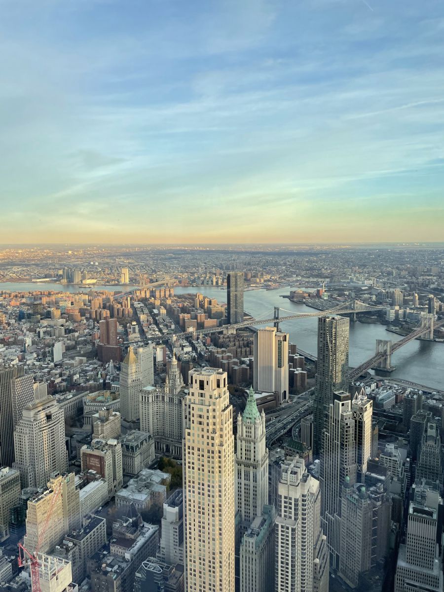 American city skyline at dusk