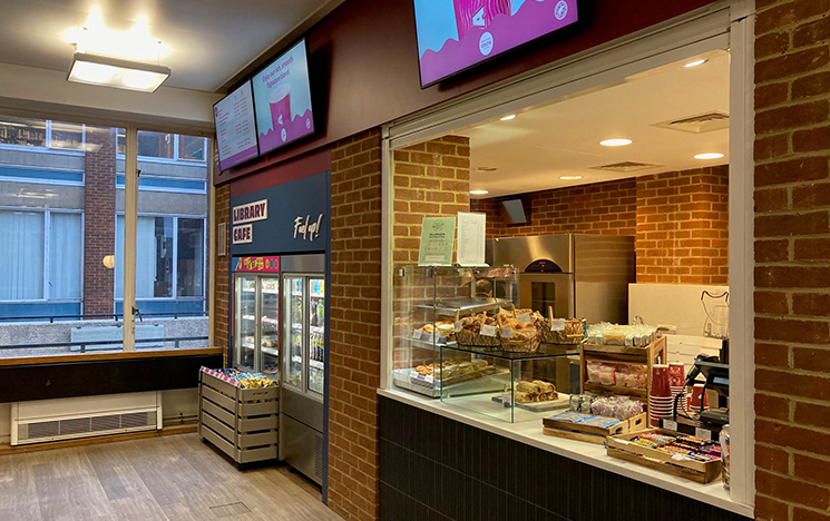 The interior of the library cafe showing the the counter.