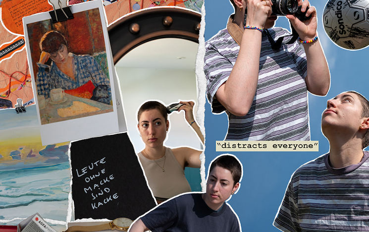  A collage of a woman doing activities such as playing football and taking photos.