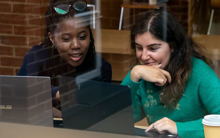 Student reading a book in the library at the University of Sussex