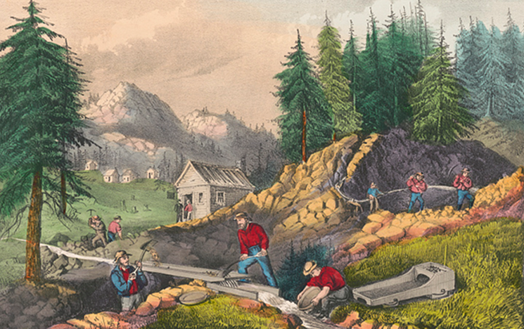 A painting of men goldmining in California
