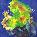 A painting of yellow sunflowers in a vase on a blue background with a heatmap on the top part of the painting.