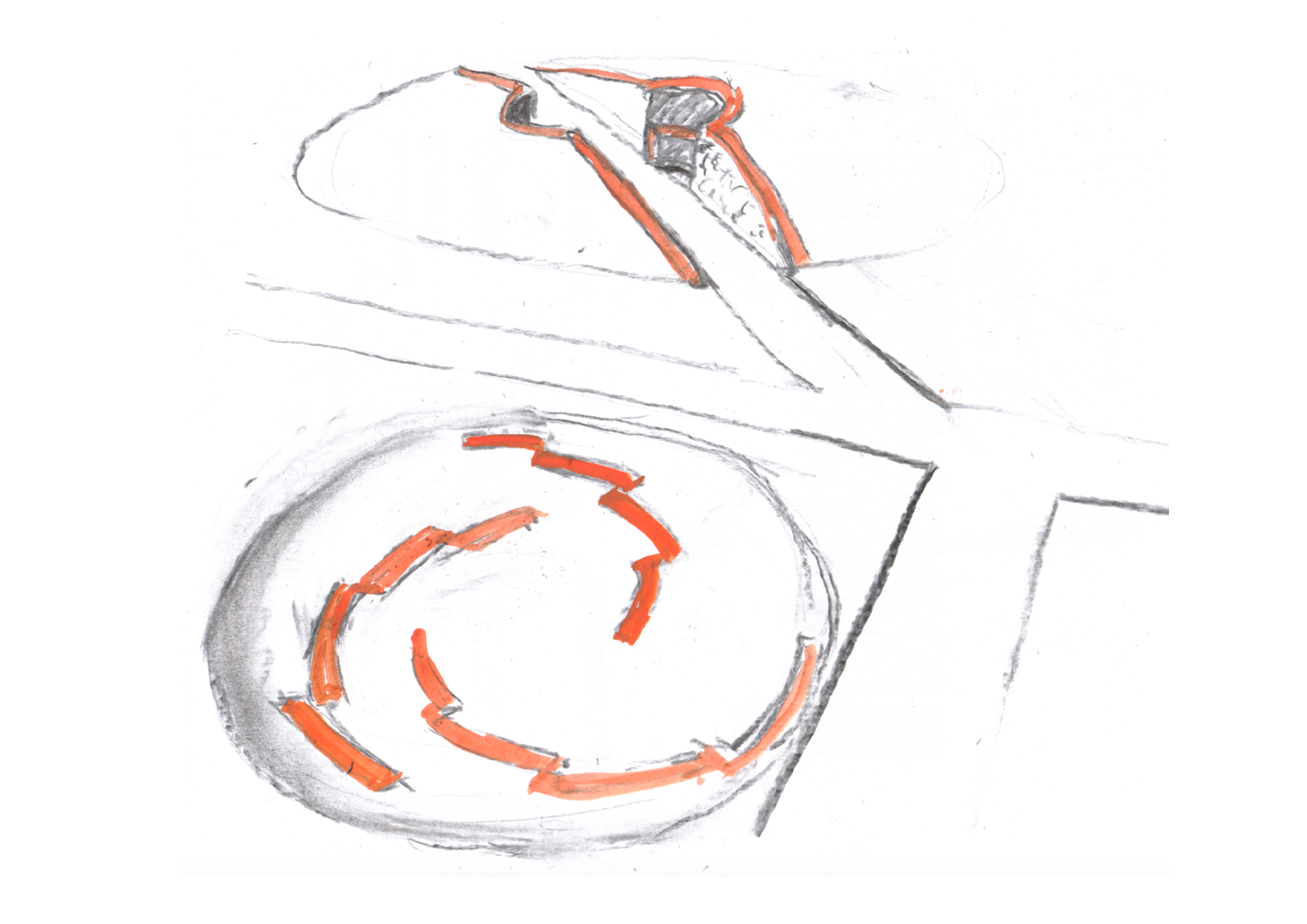 tumulus (top) a grassed mound with a cut though featuring a seat made of brick on flint and dew pond (bottom), a shallow dished, dry depression, lined with chalk and seeded with native grass.