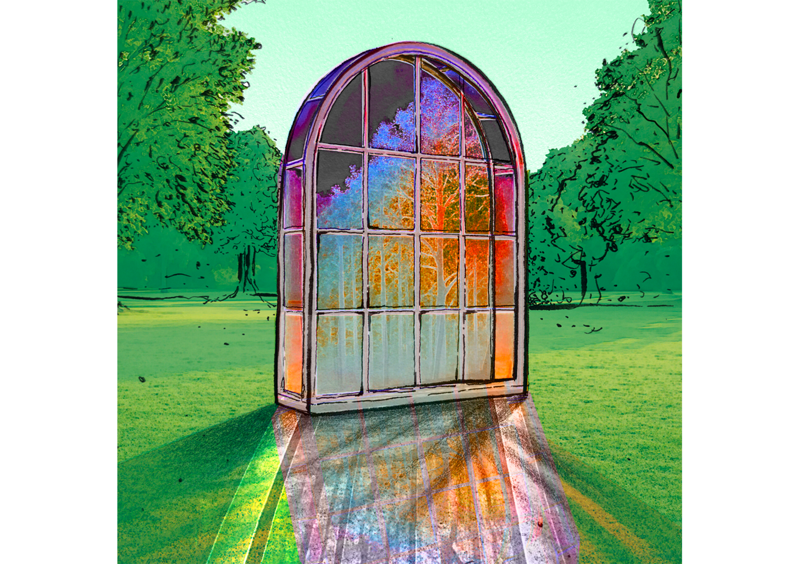 Glass and steel sculpture of coloured glass, that creates light across the grass