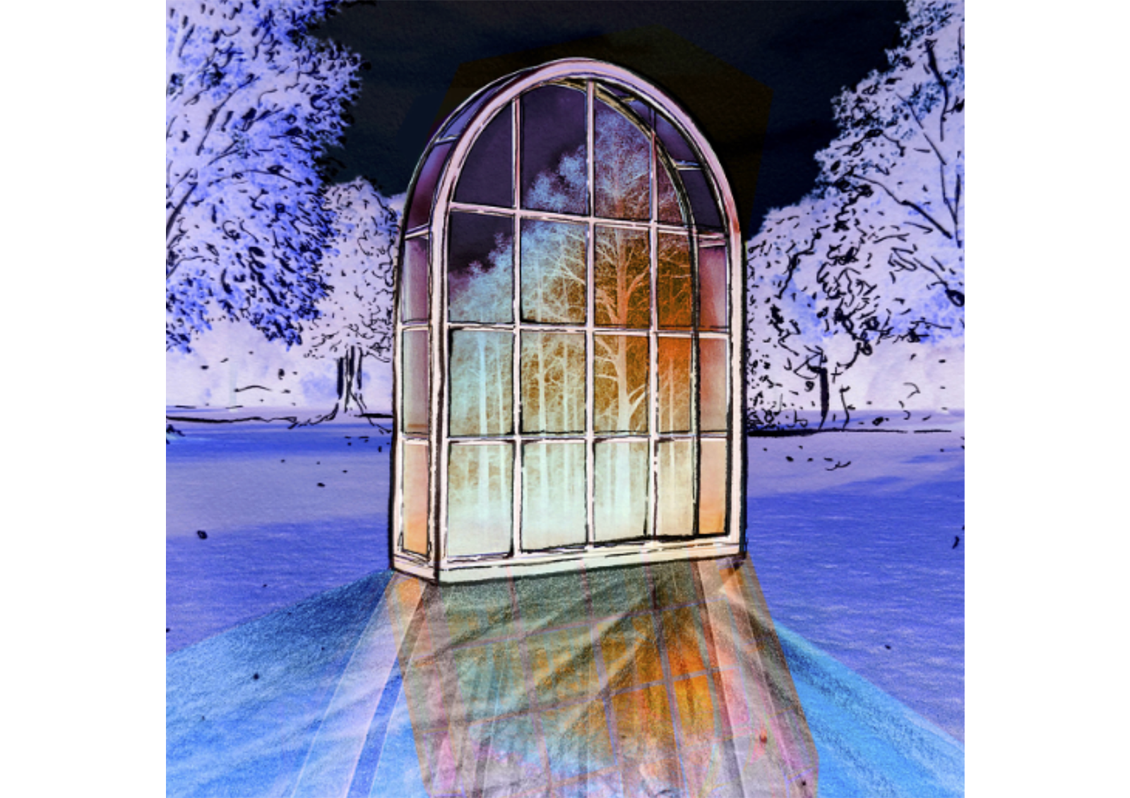 Glass and steel sculpture lit during the night