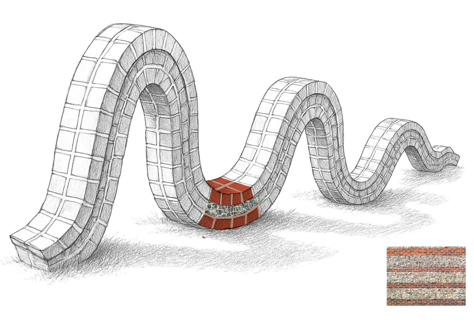 Large stone bench in flint and red brick in a fluid ribbon shape