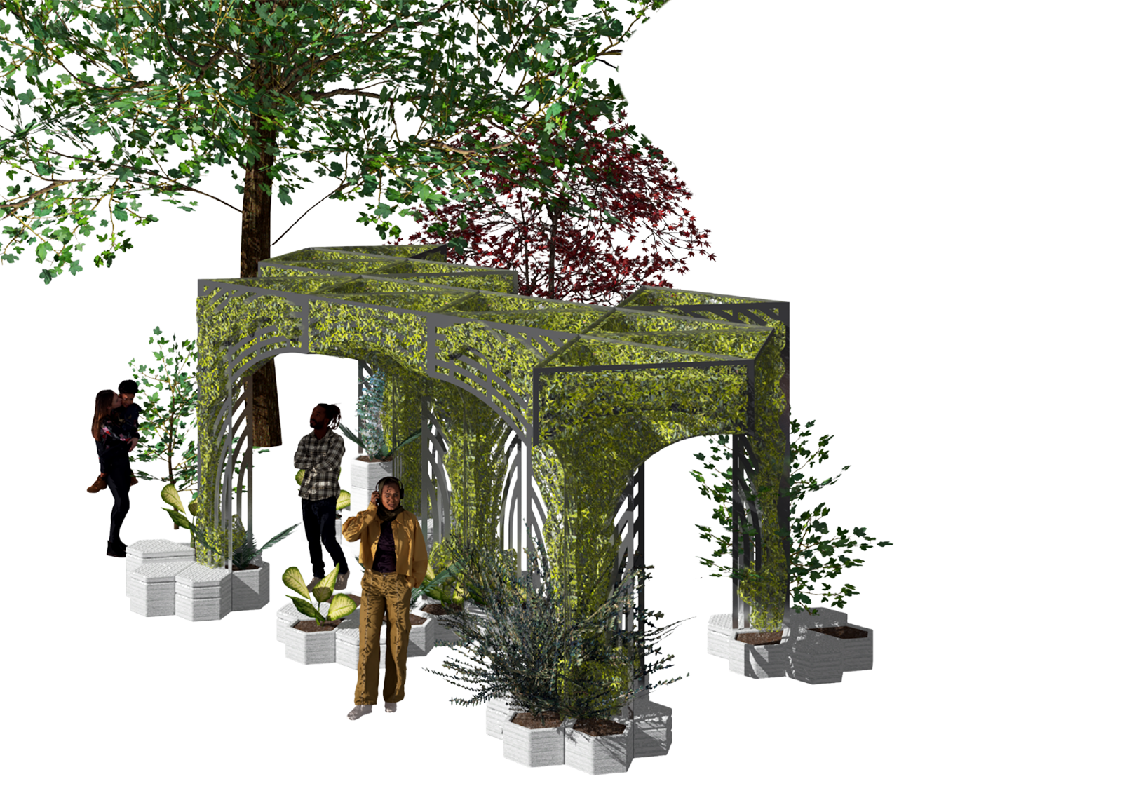 Sequence of linked arches made from perforated steel filled with climbing plants