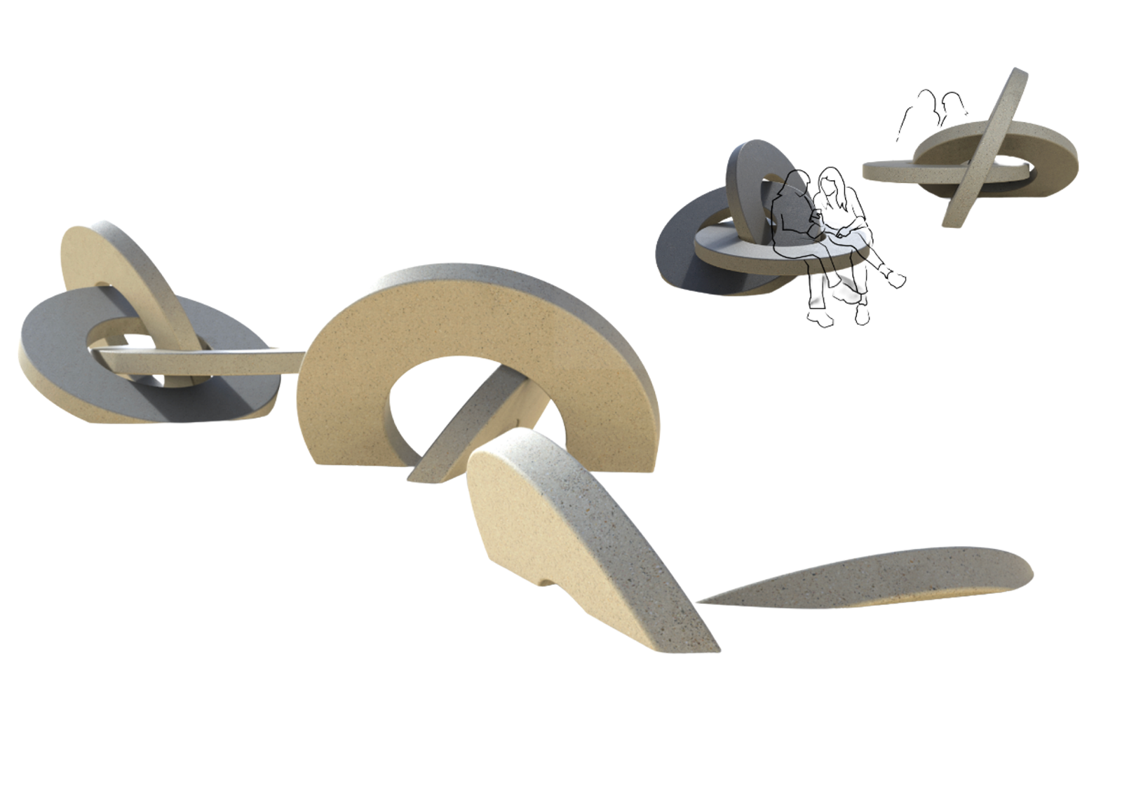 The Links - interlocking concrete rings where sections have been pushed up out of the ground and one functions as seating