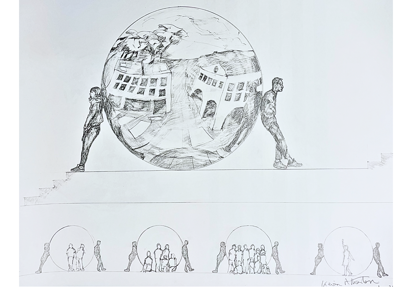 Sketch of ‘Meeting Place’ reflective sphere with two figures