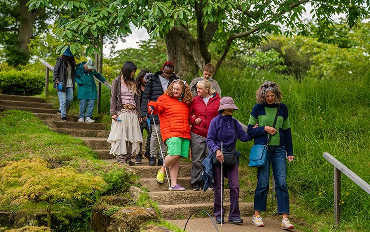 Partially sighted group of people walking down steps