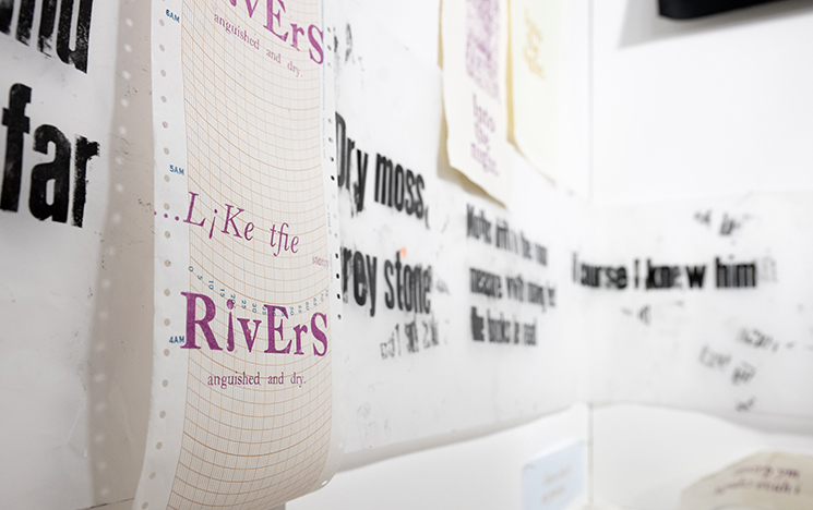 A close-up view of Ane Thon Knutsen's Mapping Nancy Cunard's Parallax, featuring materials produced on a printing press