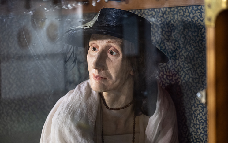A close-up of Eleanor Crook's Wax Virginia - a life-sized waxwork sculpture of Virginia Woolf