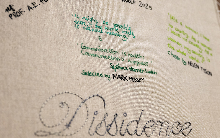 A close-up image of Andrea Mindel's embroidery on canvas, illustrating dissident responses to Woolf's writing