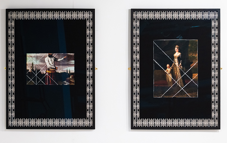 A pair of artworks reinterpreting 18th-century paintings - left depicts a man with arms raised, right a woman and child