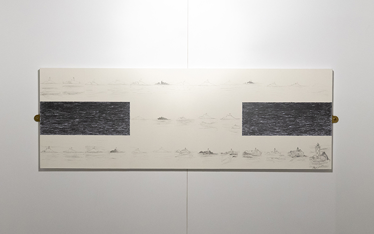 A wide canvas with a series of pencil drawings of lighthouses and sea, by A T Kabe Wilson