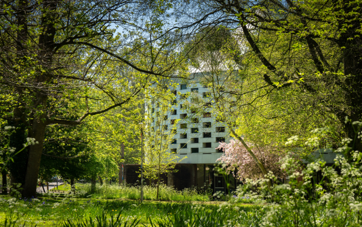 Aerial shot of campus in the green of the south downs, with the sea in the background