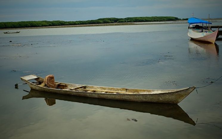 Rice and fish on plates on the ground with two people beside them