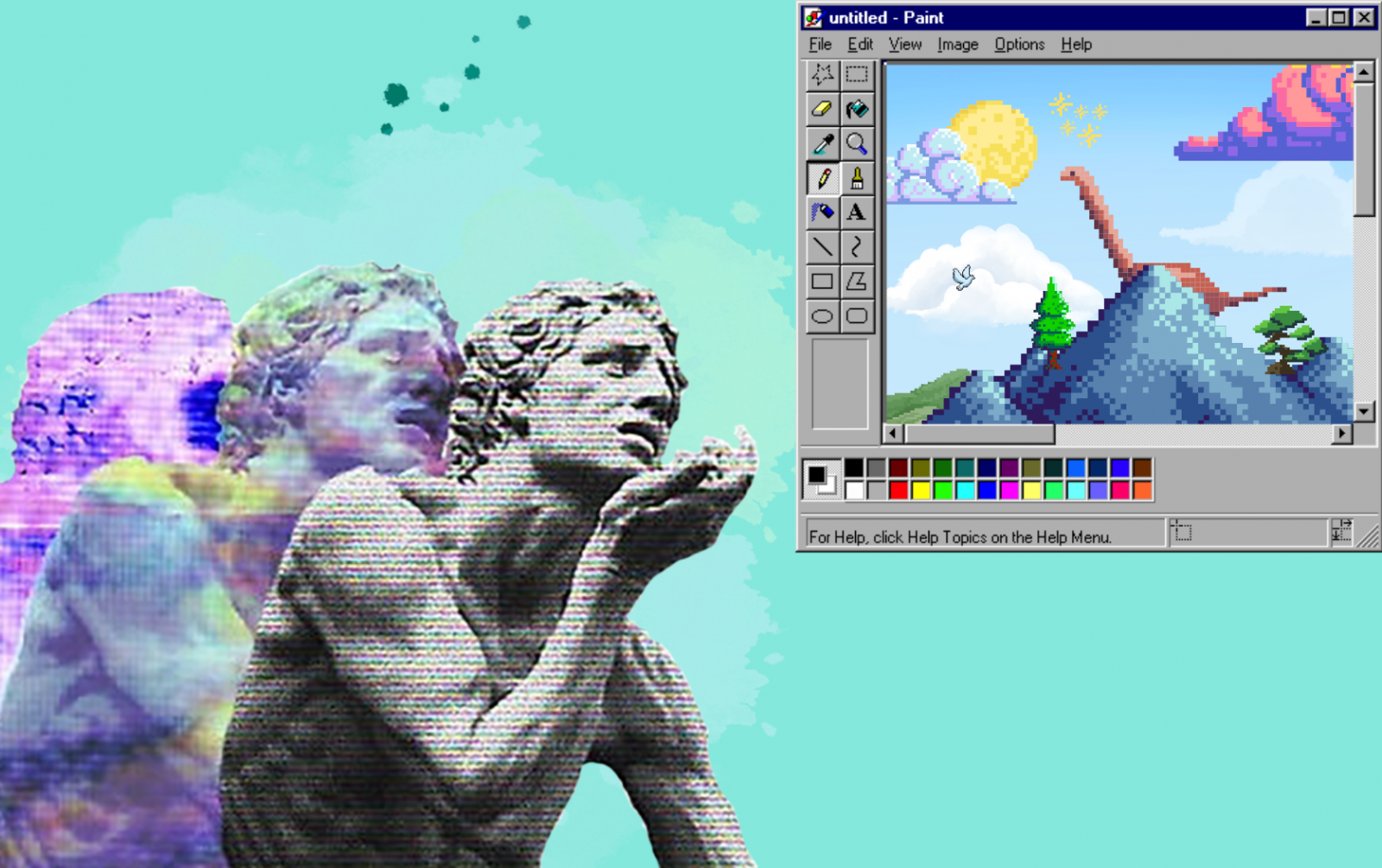 Collage art: A classical statue appears contemplative against a turquoise backdrop. Next to it, a pixel art landscape in a Paint program features mountains, clouds, and a sun, combining classical and digital aesthetics.