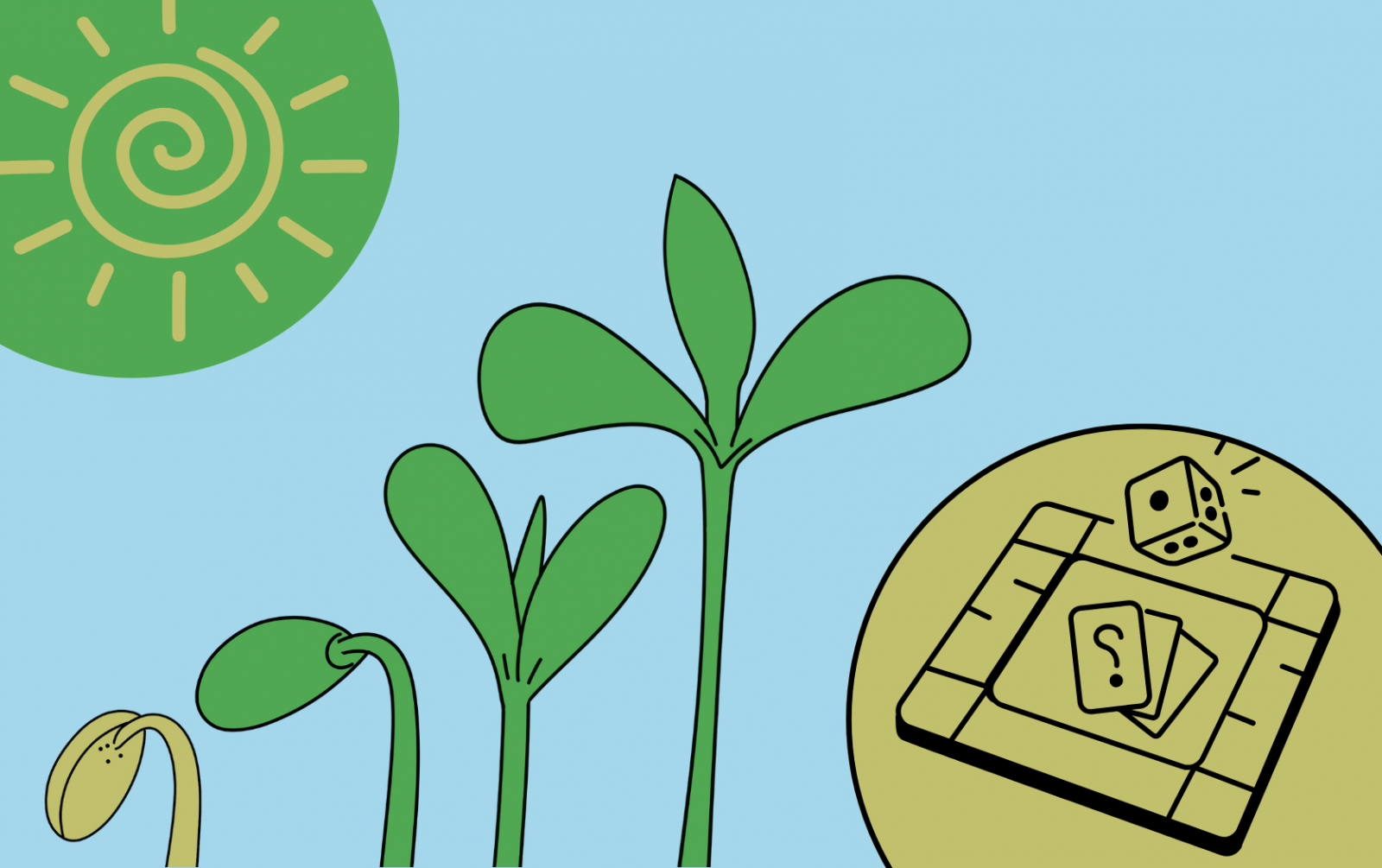 Illustration of plant growth stages from seedling to full plant on a light blue background. A stylized sun and a game board with dice appear nearby.