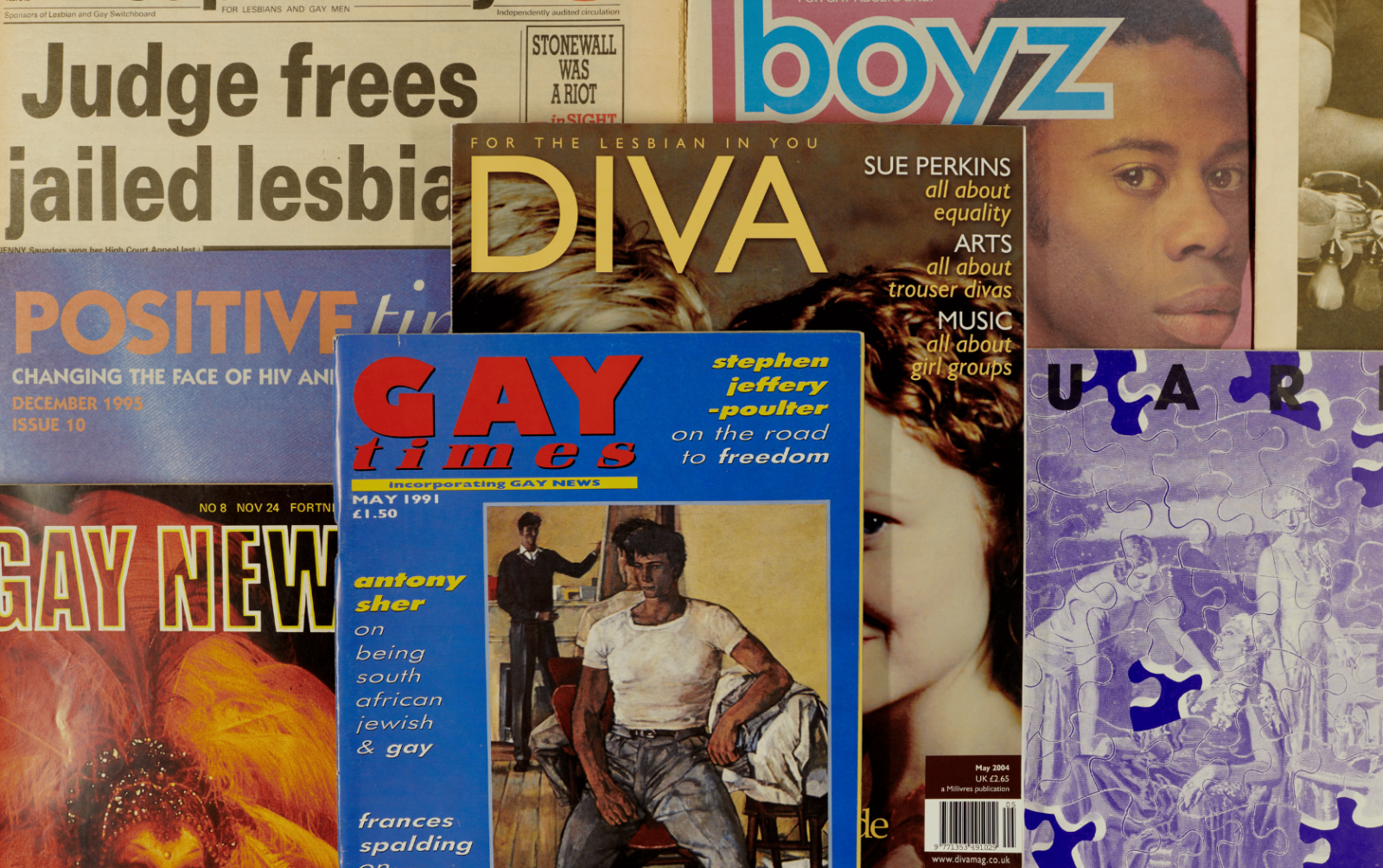 A collage of LGBTQ+ magazine covers, including 'DIVA', 'GAY TIMES' and 'Boyz,' showcasing diverse themes and highlighting community news and culture.