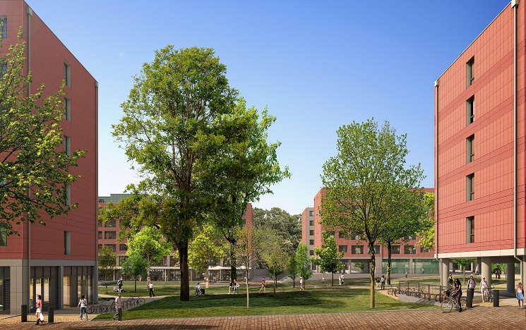 Digital rendering of red-clad university accommodation buildings on a campus with trees