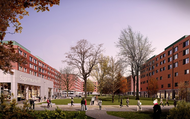 A digital rendering of students walking through a university campus with West Slope accommodation blocks on either side