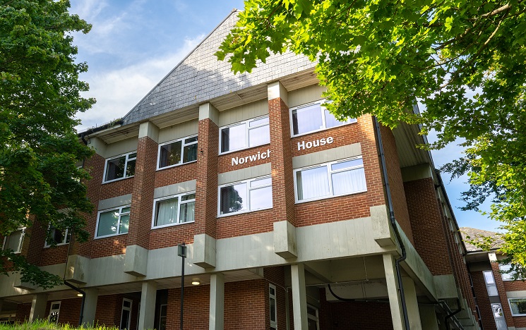 A student accommodation block with colonnades underneath