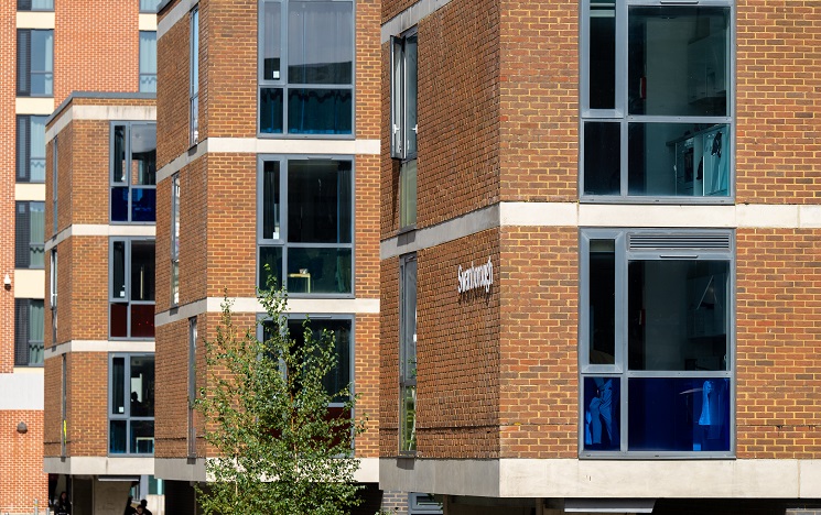 Exterior view of student accommodation blocks with large windows
