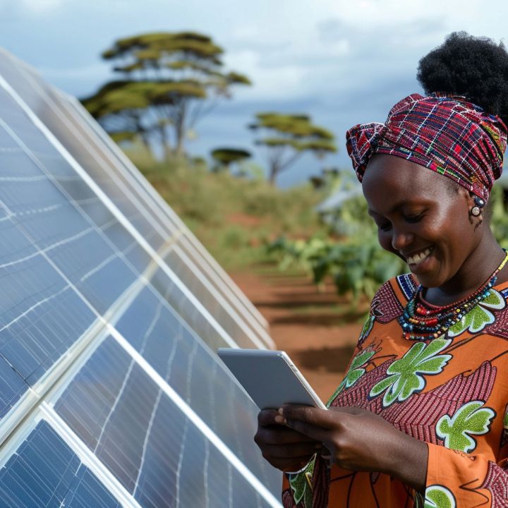 A woman holds a controller in front of solar panels