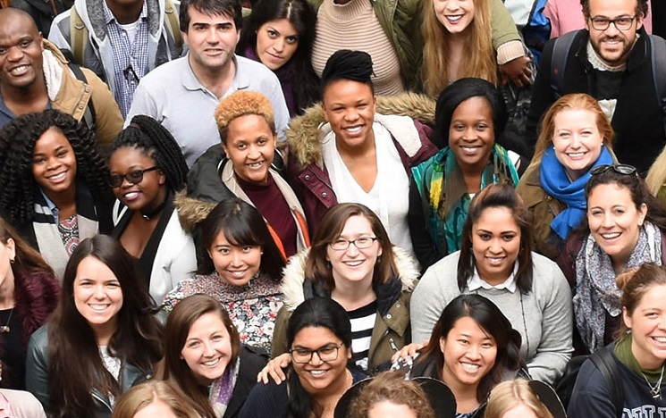 Group photo from above showing a crowd of students smiling