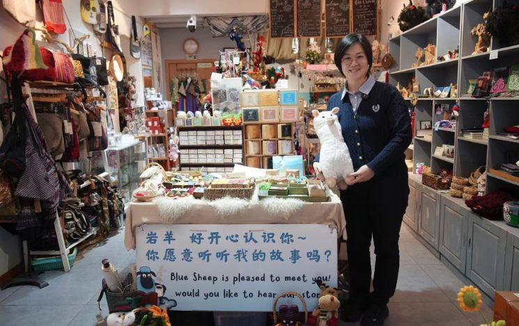 Alumna Kacci Xia standing inside the Blue Sheep crafts shop next to a table displaying handmade goods, holding a white alpaca soft toy.