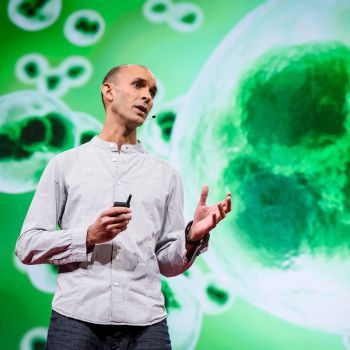 Anil Seth delivering a talk with a bright green backdrop