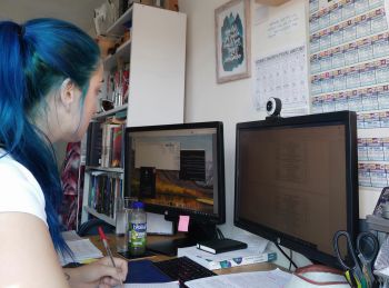 Pip Cox working on her project at home in front of a PC