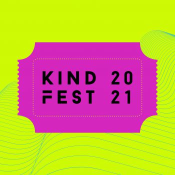 Image of a purple ticket on a yellow background with the words Kind Fest 2021 written on it