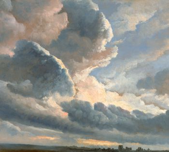 An illustration/painting of clouds with a dark sky in the background