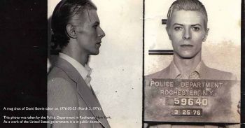 tow monochrome mug shots of David Bowie. Dating from the third of March 1976, the shots are presented in profile and head-on view, Bowie wears a smart suit and loose collared shirt. Viewed from the front he holds a Rochester New York Police placard.