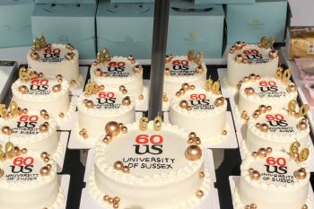 12 small cakes and one slightly bigger decorated with cream, golden balls and the message 60 US University of Sussex. Each cake has a two golden candles shaped like the numbers 6 and 0