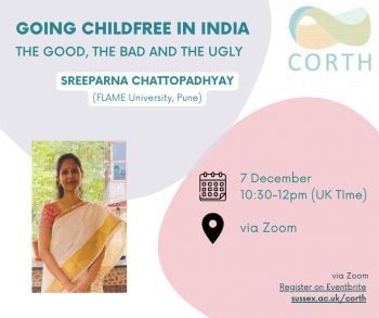 corth poster for event on the 7th of december, 10:30-12. going childfree in india