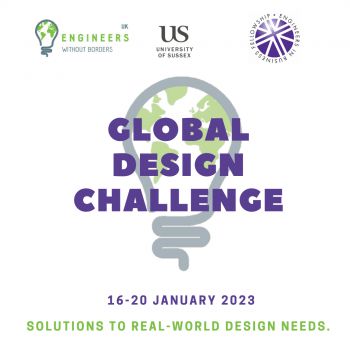 Global Design Challenge Logo featuring purple text over a grey and green light bulb that reads