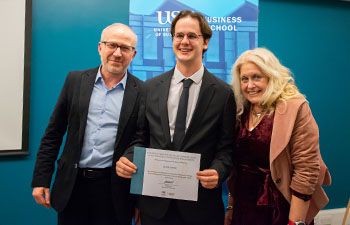 Sue Rothwell with Rothwell prize winner Ross Howe and Andy Davies who presented the prize