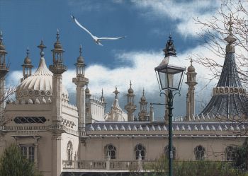 Brighton Pavilion with a seagull flying by.